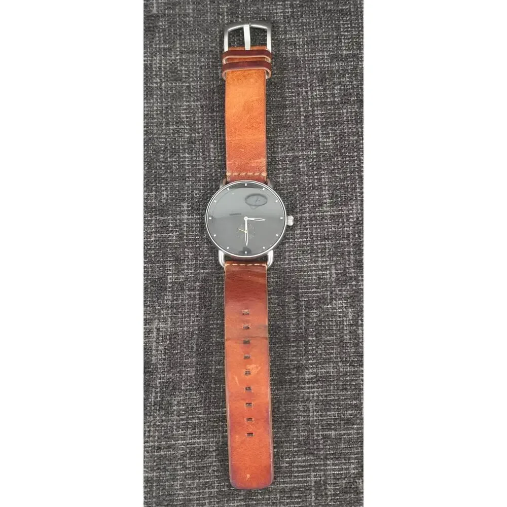 MVMT Revolver Minimalist Watch 41mm Silver Black Dial Brown Leather New Battery